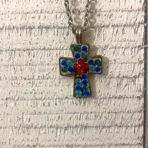 Vintage Sterling Silver Gemstone Cross with New Silver 18” Chain
